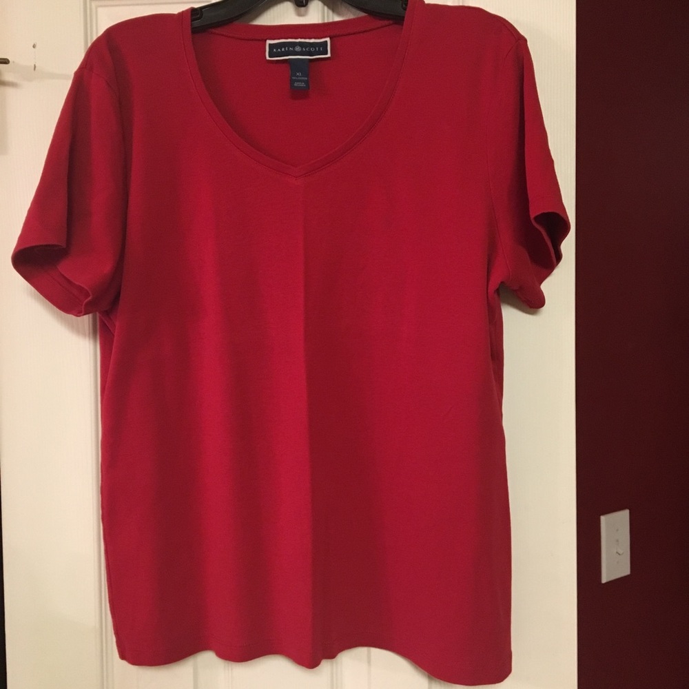 Karen Scott V-Neck Top Short Sleeve Red, size XL